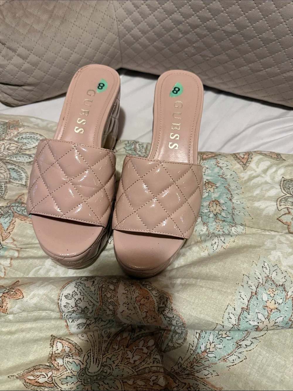 GUESS Quilted Blush Platform Slide Heels
